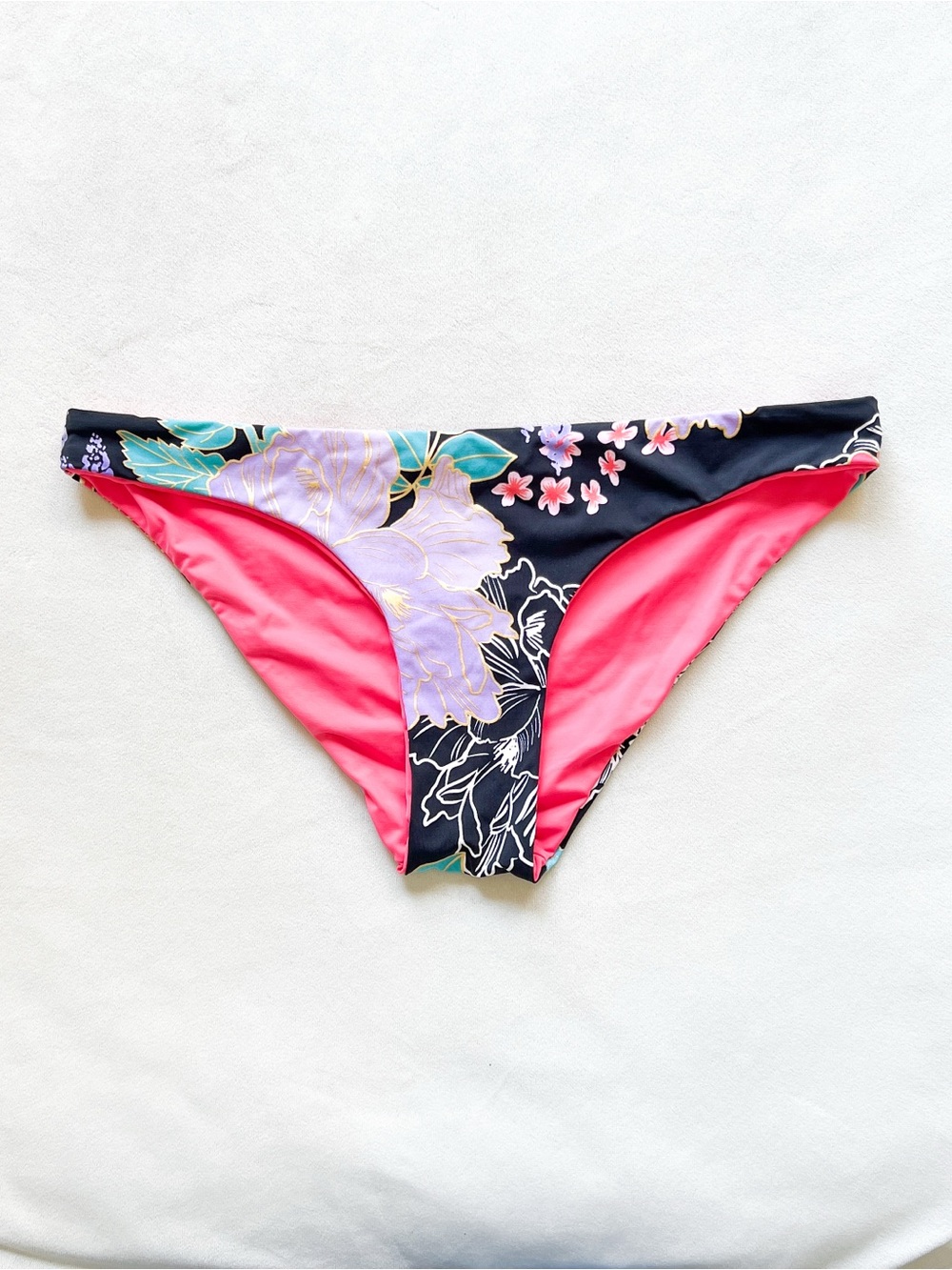 TiniBikini Black Floral Bikini Bottom with Bright Pink Lining - XS